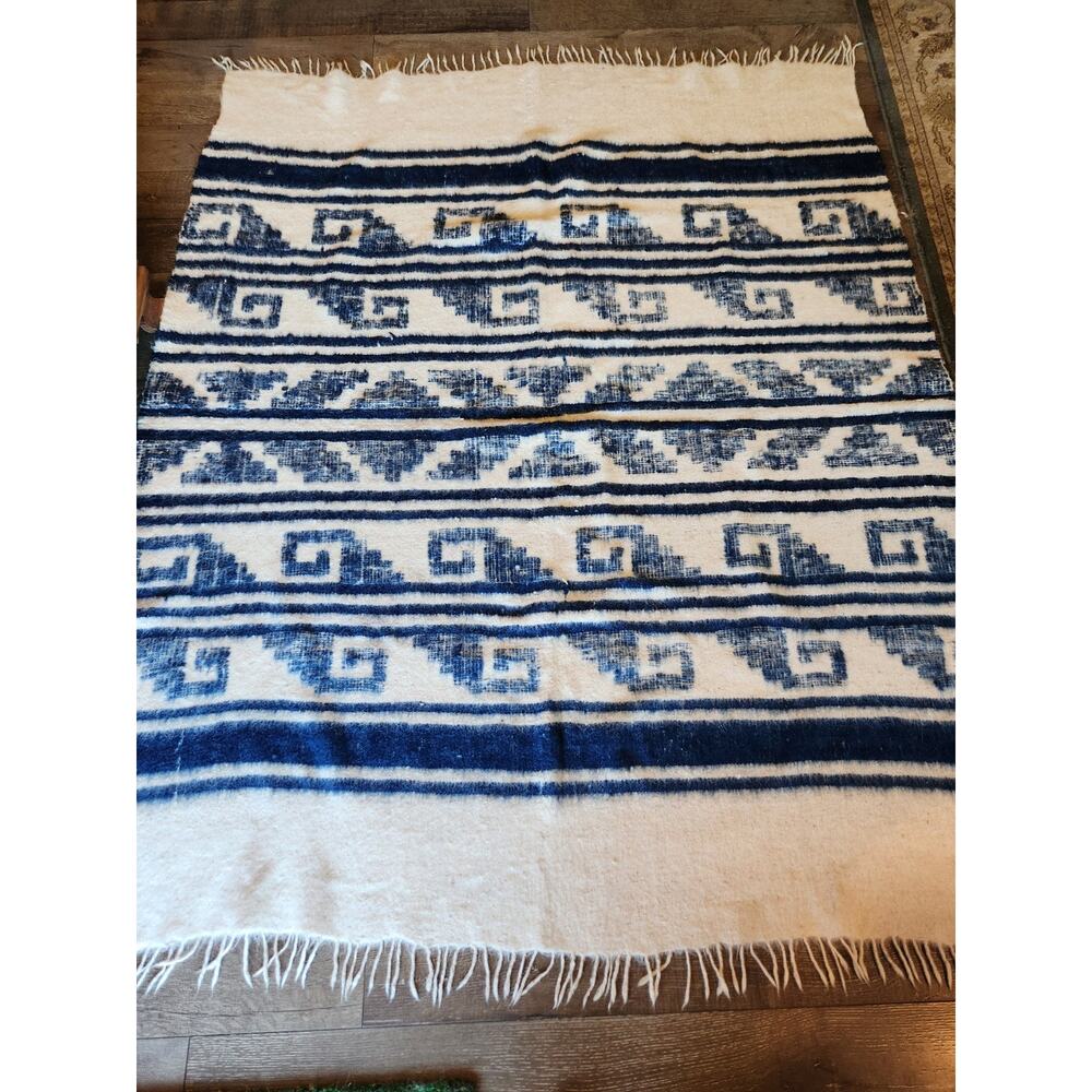 Greco Momo Thick Felted Hand Woven Wool Blanket Fringed 62 x 77 Blue & Cream